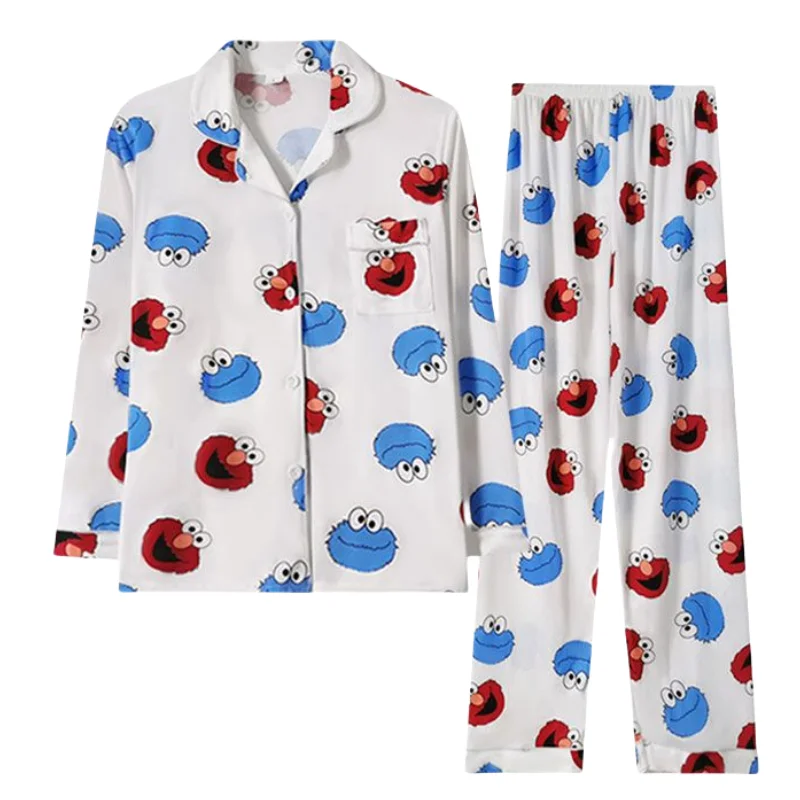 Sesame Street Elmo Cookie Monster Animation Peripheral Cute Cartoon Print Home Clothes Student Dormitory Long Sleeve Pajamas Set