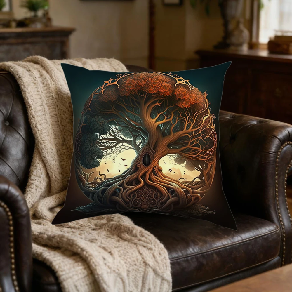 1Pc Tree Of Life Yin Yang Cushion Cover Dark Teal Orange Artistic Print For Sofa Bed Living Room