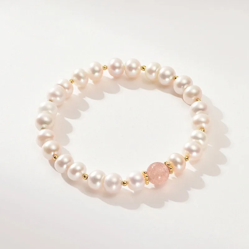 

Minar Charming Real Gold Plated Copper Pink Crystal Natural Stone Beads Freshwater Pearl Strand Bracelets for Women Accessories