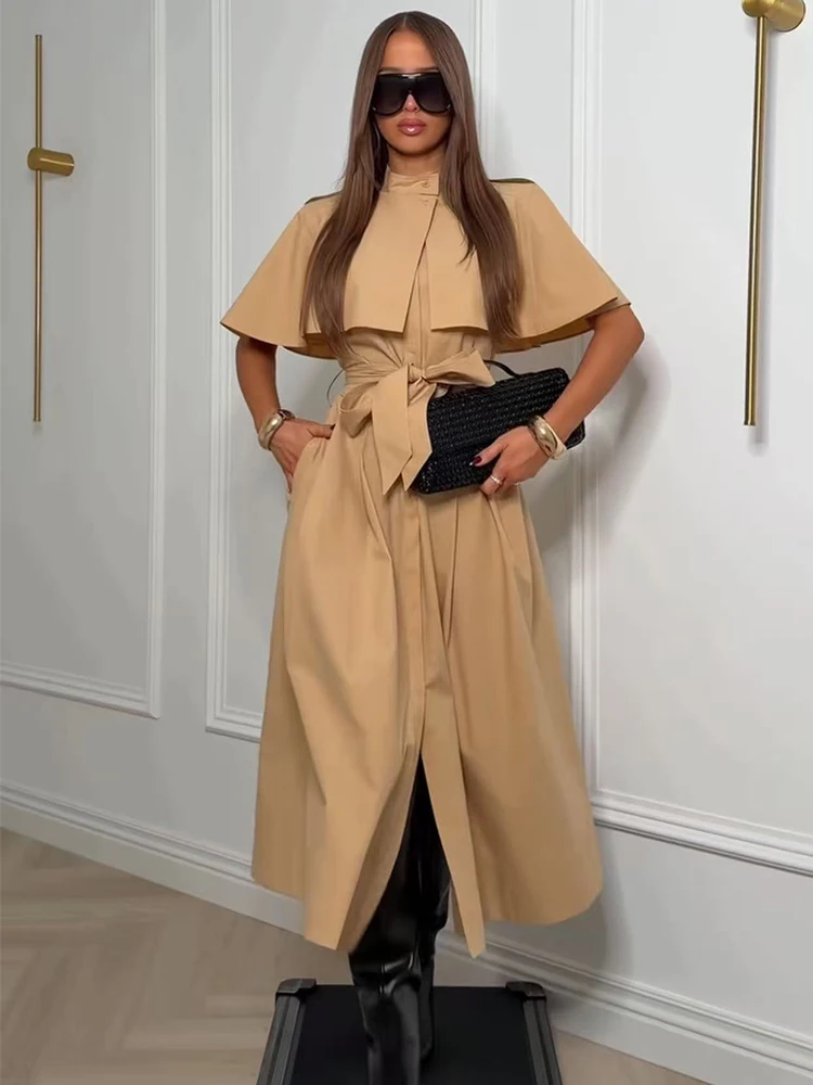 TFMLN Elegant Women's Midi Dress Stand Collar Belted Waist Front Slit Long Dress Fashion Solid Cloak Sleeve Trench Dress