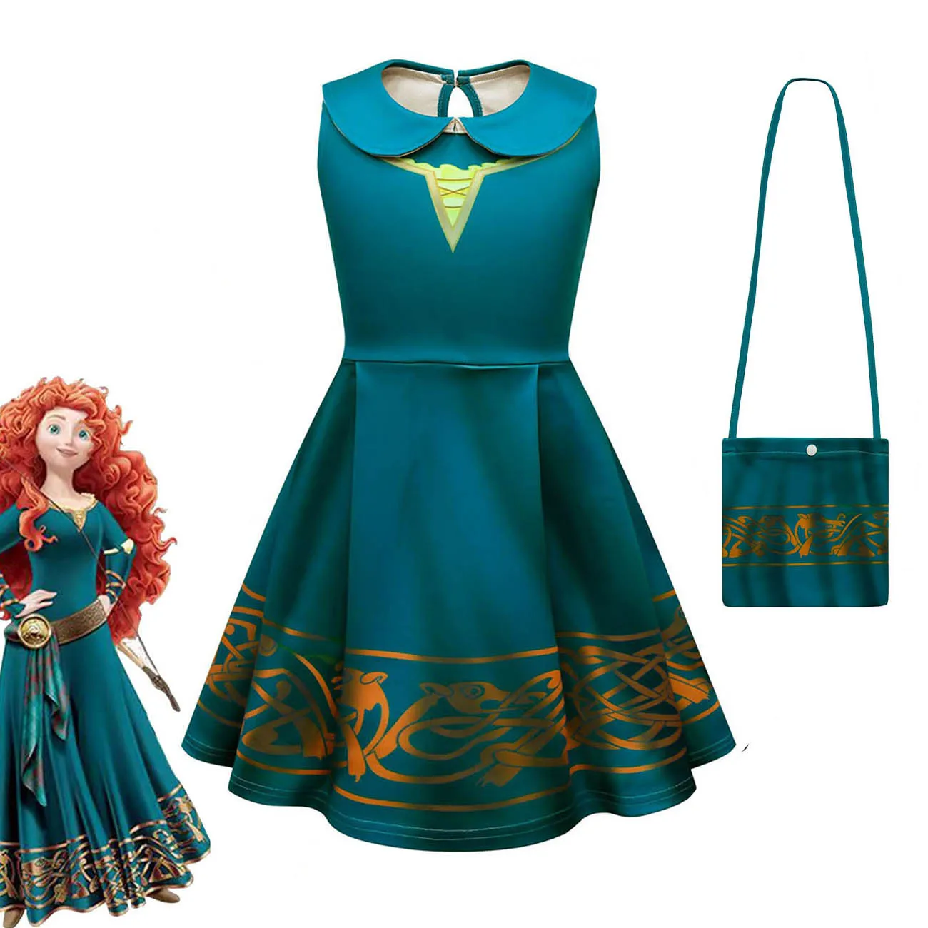 

Fancy Kid Dresses Girls Summer Clothes Braver Merida Cosplay Princess Dress Baby Children A-line Birthday Party Clothing and Bag