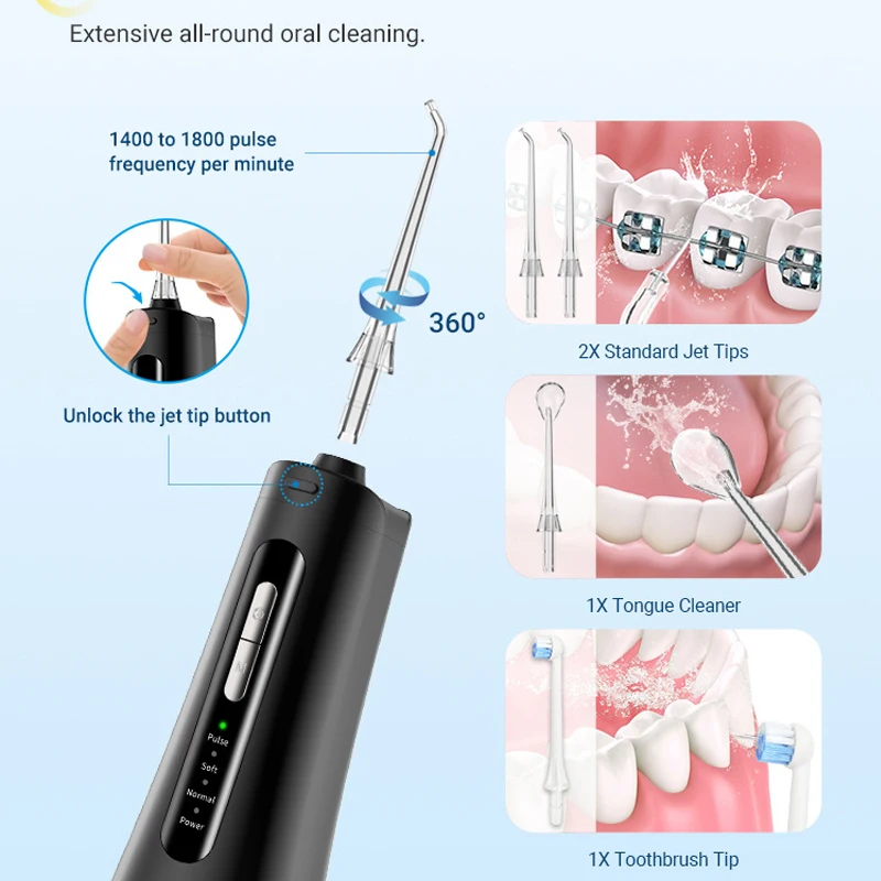 Irigator Mulut Profesional Flosser Air Isi Ulang Jet Air Gigi Portabel untuk Membersihkan Gigi Tangki 300ML 4 Ujung Tahan Air