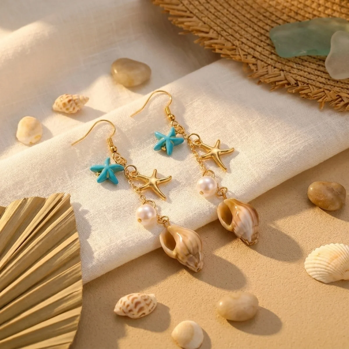 Ozean-Urlaub Seestern Muschel Seepferdchen Imitationsperlen Tropfenohrringe für Damen und Herren Böhmische Muschelohrringe Sommer Strand Schmuck – Detail 26