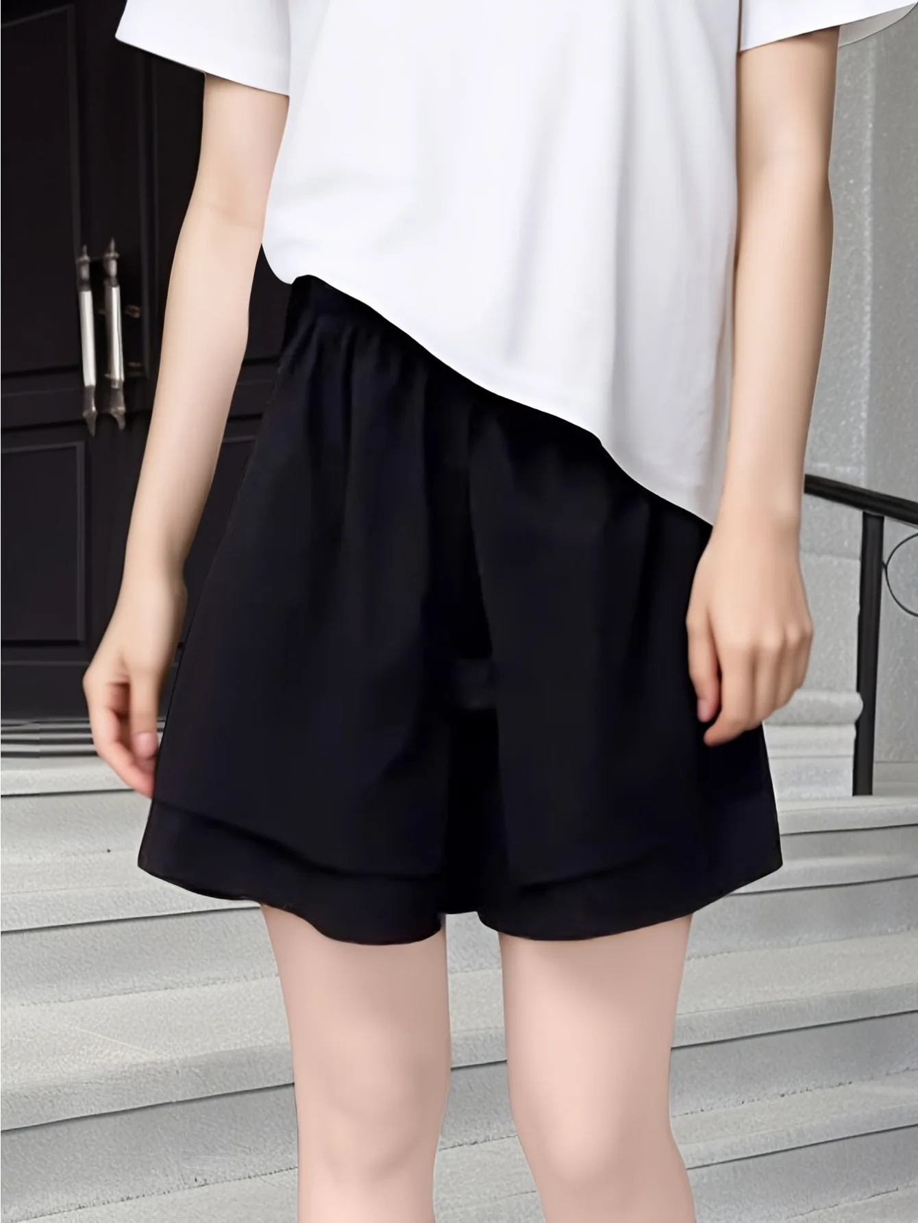 Unique Double Layer Bloomer Pants Asymmetrical Skort Casual A-Line Wide Leg Five-Quarter Shorts Summer Fashion