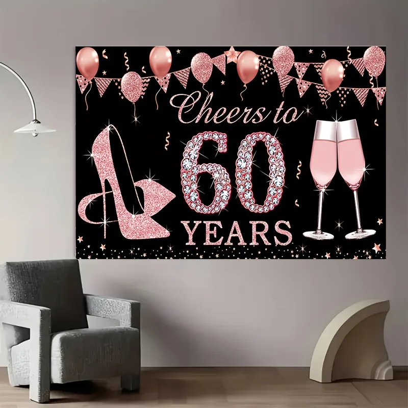 Cheers to 60 Years Tapestry 60th Birthday Party Decoration for Women Pink Glitter High Heels Champagne Wall Hanging Backdrop