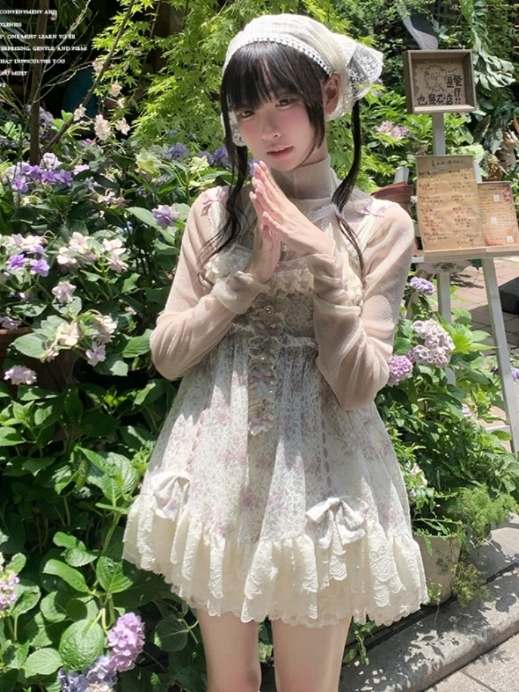 

Lolita Dress Set New Summer Holiday Girls Sweet Floral Lace Sling Dress Ruffled Lace Shorts Princess Women's Holiday Dress