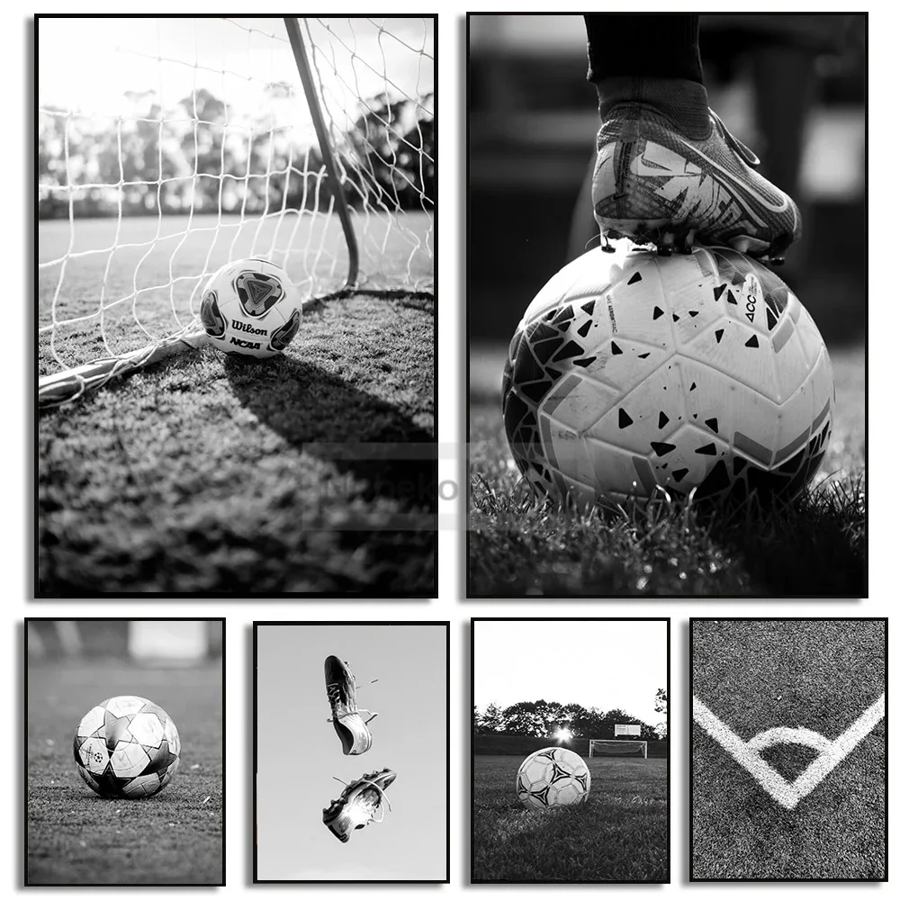 Black and White Soccer Ball Print Sports Poster Teen Boy Wall Art Canvas Pictures Home Soccer Sports Fan Games Room Modern De
