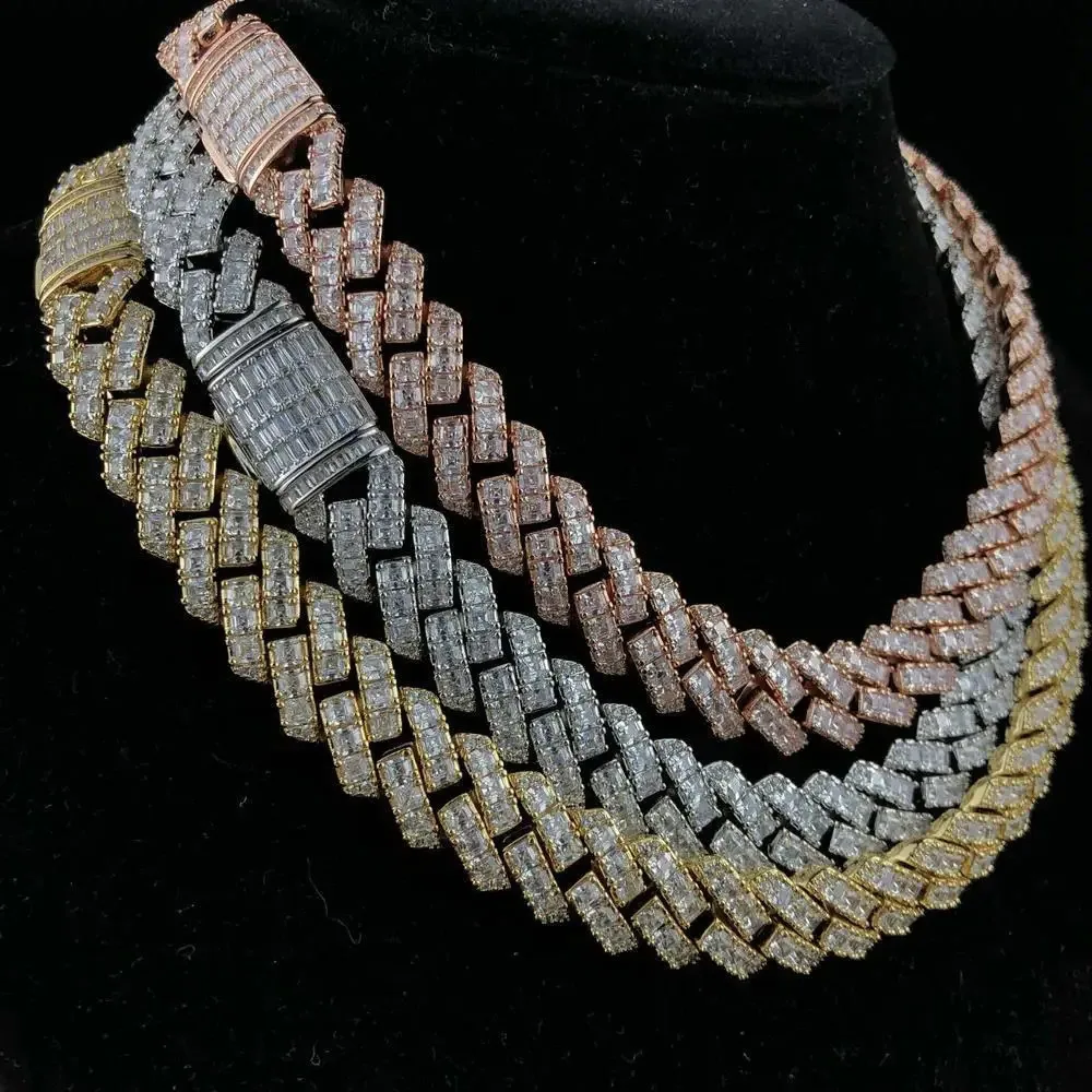 

luxury rapper hip hop cuban chain 12mm width Asscher cut prong setting moissanite men iced out Cuban link Chain necklace