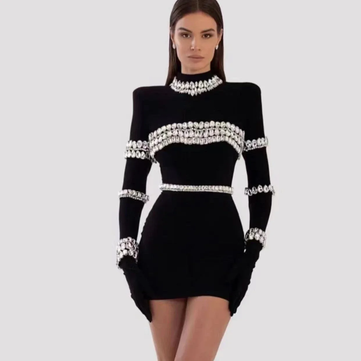 Wholesale High-quality Rhinestone Design Long-sleeved Bandage Dress Black Classic Solid Color Handmade Casual Formal