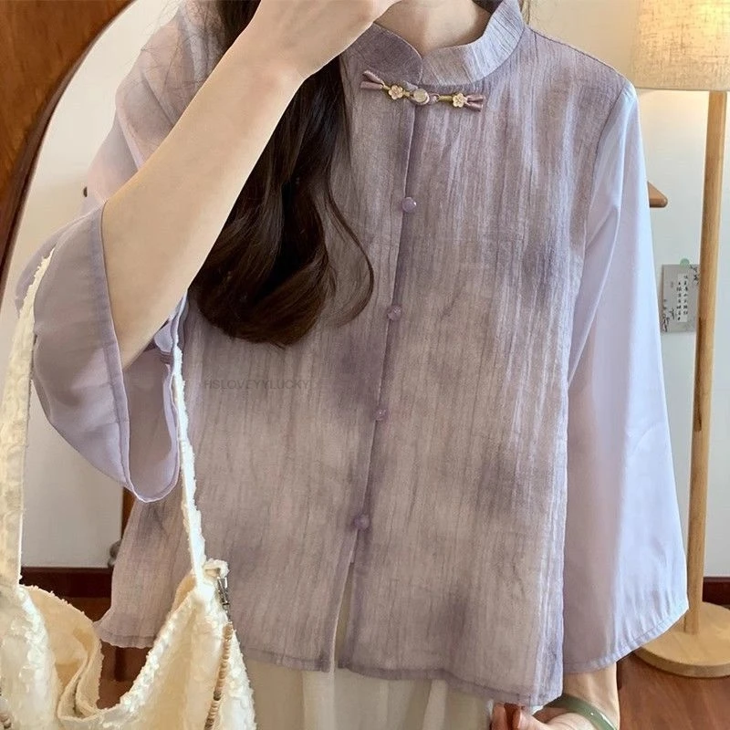 New Chinese Style Chiffon Zen Women's Set Spring/Summer Purple Trendy National Style Frog Button Retro Modified Chiffon Top
