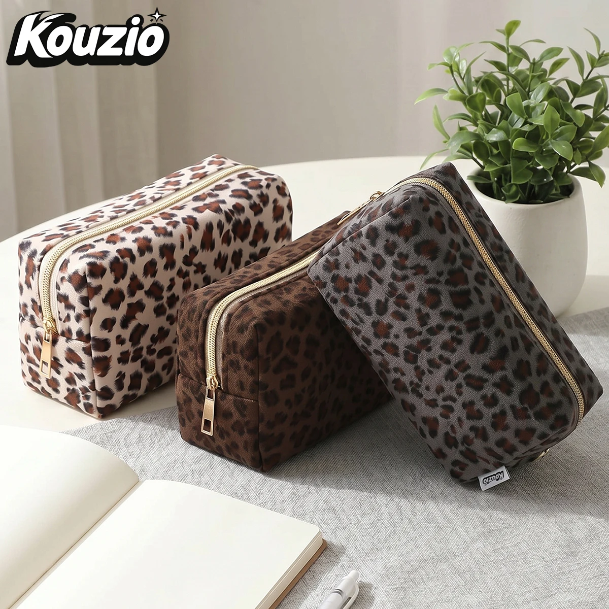 Leopard Print Suede Square Pouch, Cute Multi-use Organizer for Stationery & Makeup - KOUZIO