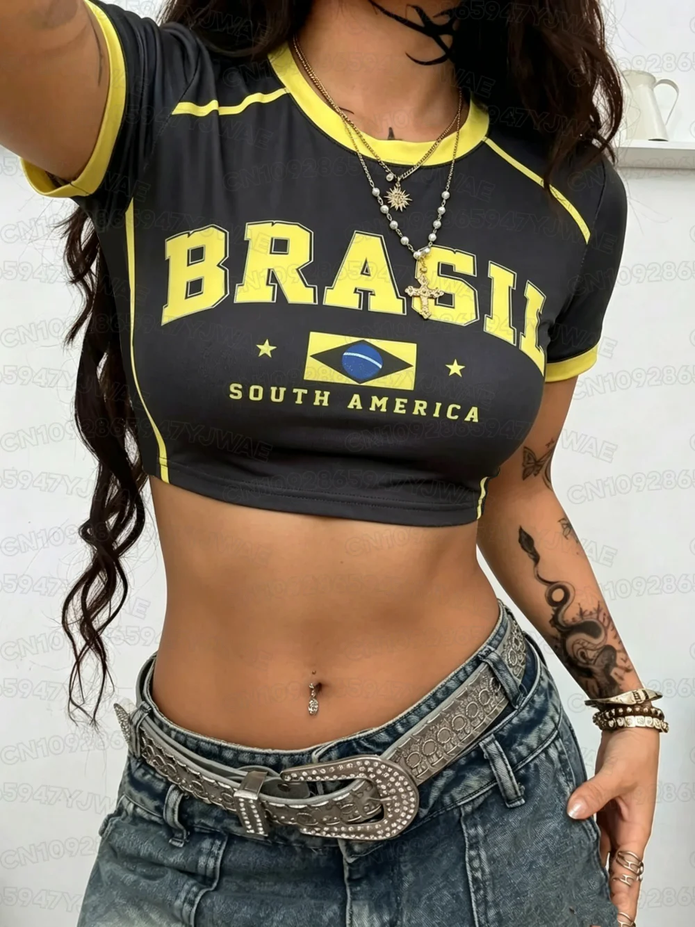 Summer 2026 New Women's Brazil Print Jersey Round Neck Short Sleeve Jersey Cheerleaders Crop Top T-shirt