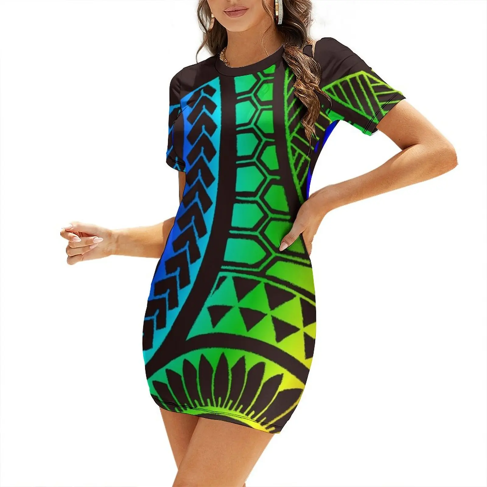 Vestido de manga corta tribal samoano polinesio neón para vestidos de fiesta de manga larga