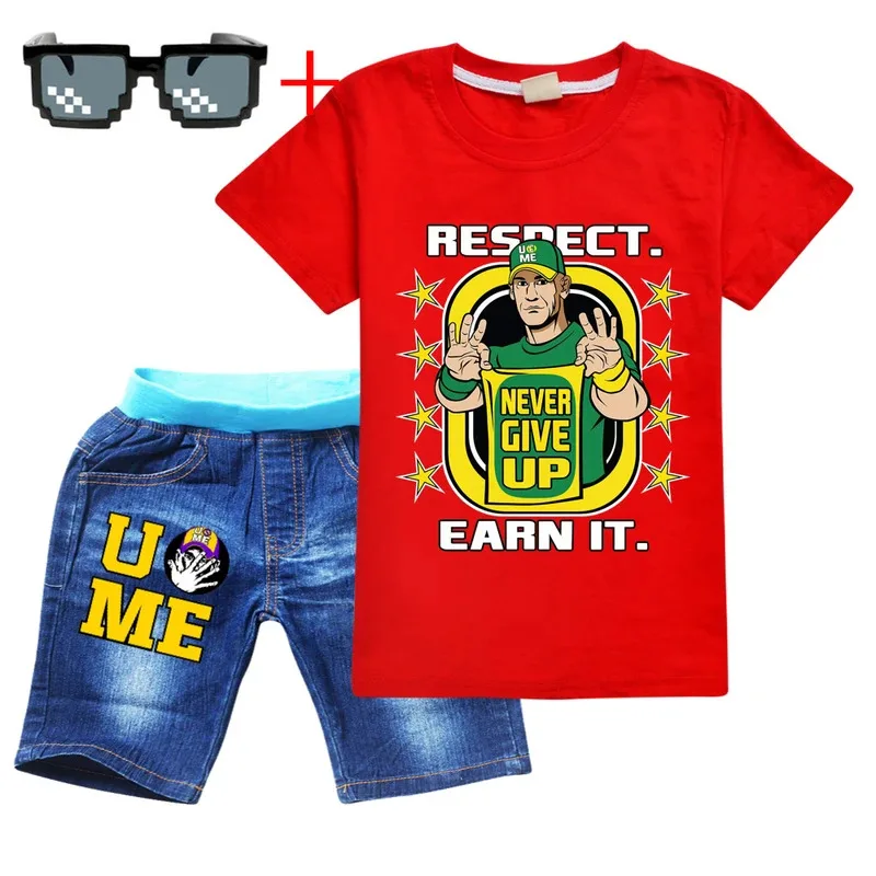 2023 여름 3-12세 남아 여아 의류 세트 아기 남자 존 시나 프린트 티셔츠 + 반바지 2종 아기 면 캐주얼 의류 세트