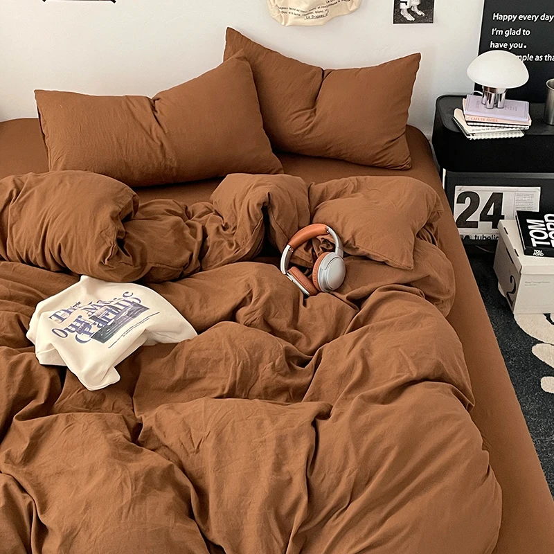 100% Washed Cotton Duvet Cover Set Queen Size 1-Piece, Linen-Touch Soft Breathable Bedding Set, Zipper Closure,Down Duvet Cover