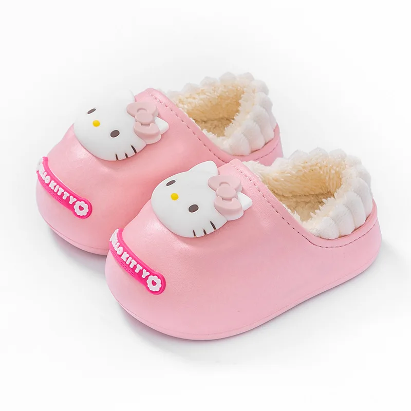 Kuromi Sanrios sandal katun anak-anak, sandal katun musim dingin, Anti air, tetap hangat, Anti selip dalam ruangan, termasuk hak mewah, sepatu katun anak perempuan