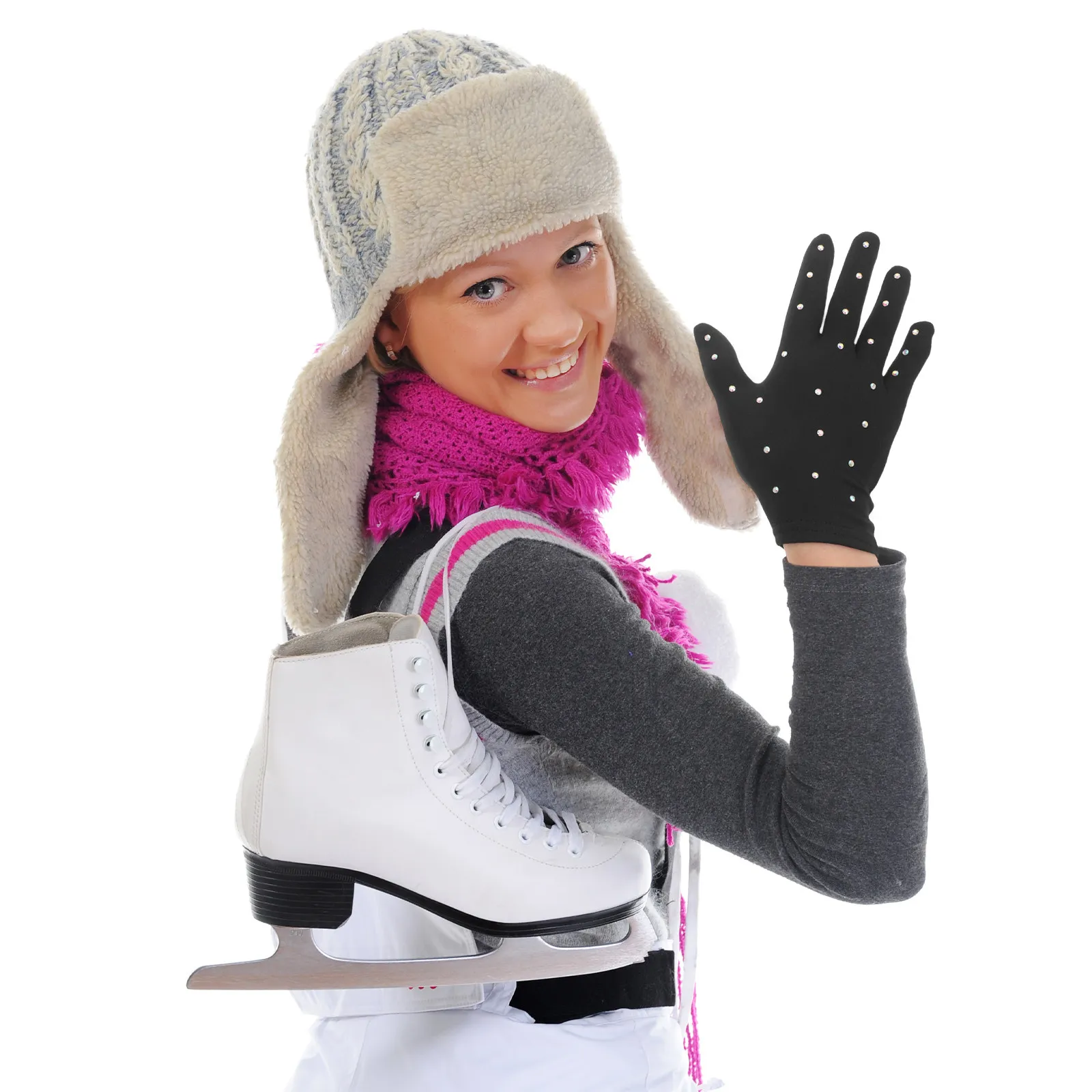 1Pair Performance Gloves for Figure Skating Ice Sports with Rhinestone Decor Stretchable Breathable Fit for Stage Dance Party