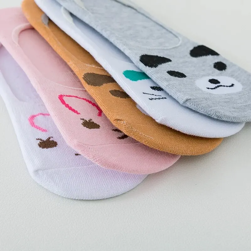 5 Pairs of WOMEN\'S Invisible Socks, Slippers, Cotton Animal Anti Slip Summer Ankle Socks, Casual Breathable Thin Boat Socks