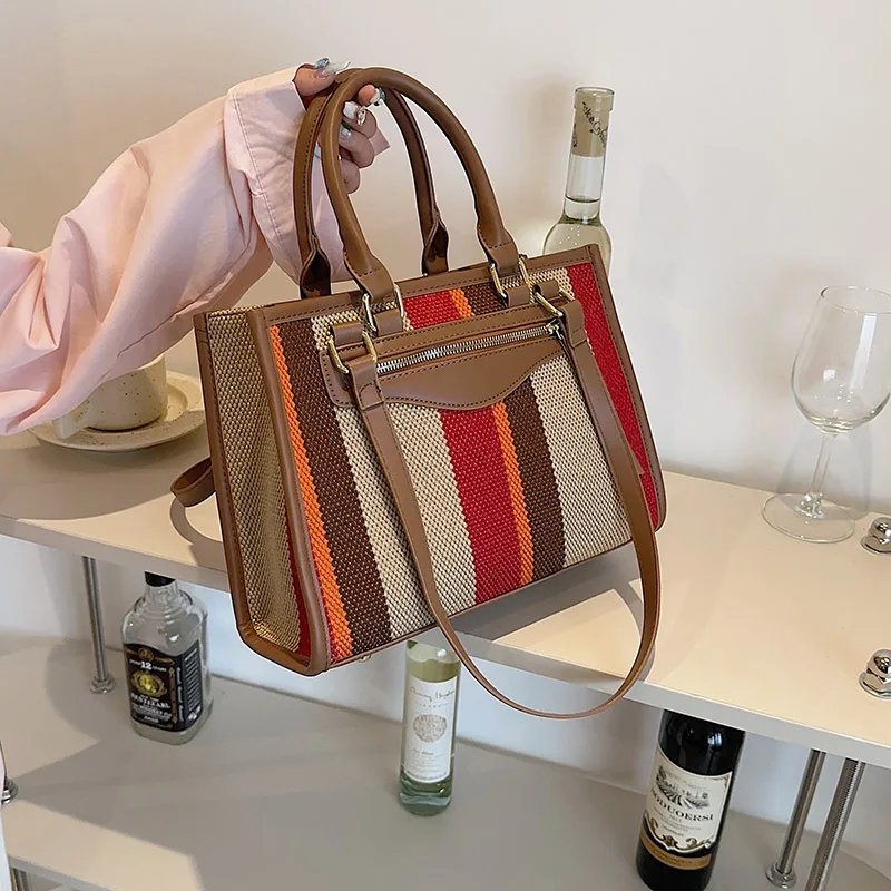 

Women Textured Canvas Tote Bag Contrast Color Striped Crossbody Bag Large Capacity Female Daily Commute Messenger Shoulder Packs