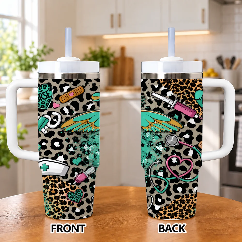 Leopard Green & Pink Nurse Vacuum Flasks 40oz Insulated Stainless Steel Tumbler with Handle & Straw, Hot Cold Gift Cup