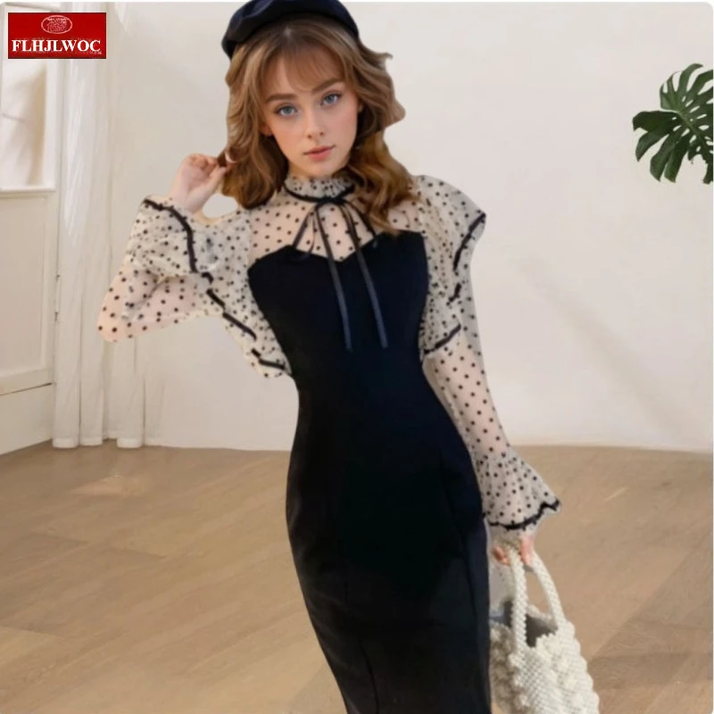 Französisch Design Bleistift Knielangen Bleistift Kleider Neue Mode Elegante Frau Romantische Rüschen Patchwork Flare Hülse Hemd Kleid