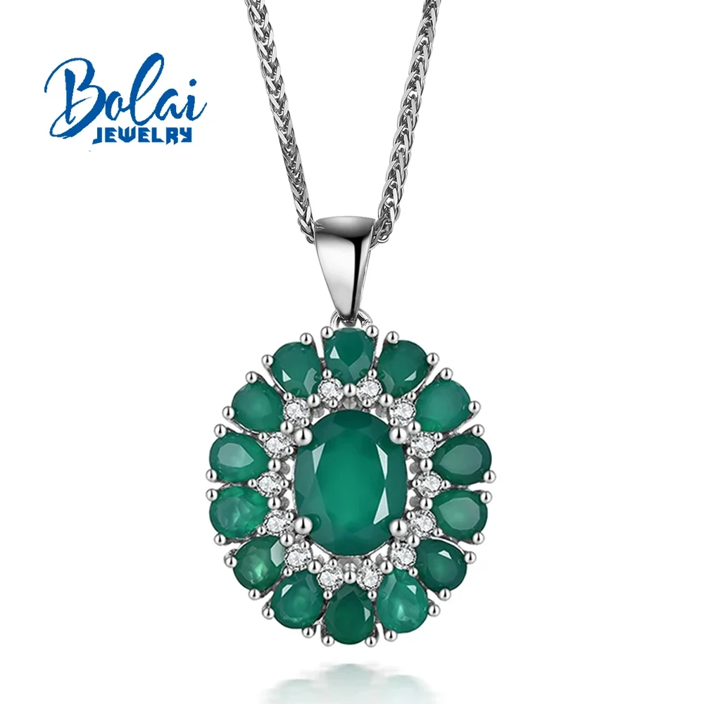 Designer Chic Silver Pendant Necklace with Natural Green Agate Stress-Free Gemstone for Anniversary Party Gift Fine Jewelry