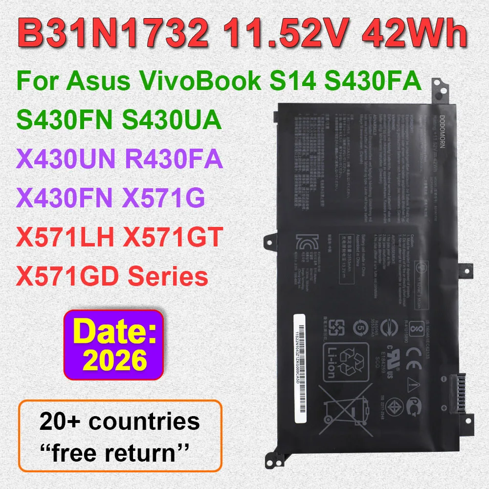 Batería B31N1732 para ordenador portátil, pila para ASUS X571G, X571GT, X571GD, X430FN, X430FA, X430UA, VivoBook S14, S430FA, S430FN, S430UA, 42Wh