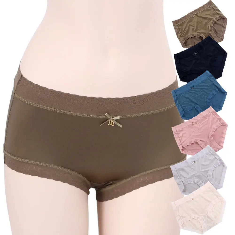 

Elastic Comfortable Japanese Soild Color Underpants Middle Waist Women Underwear Lady Briefs Lace Lingerie Ice Silk Panties
