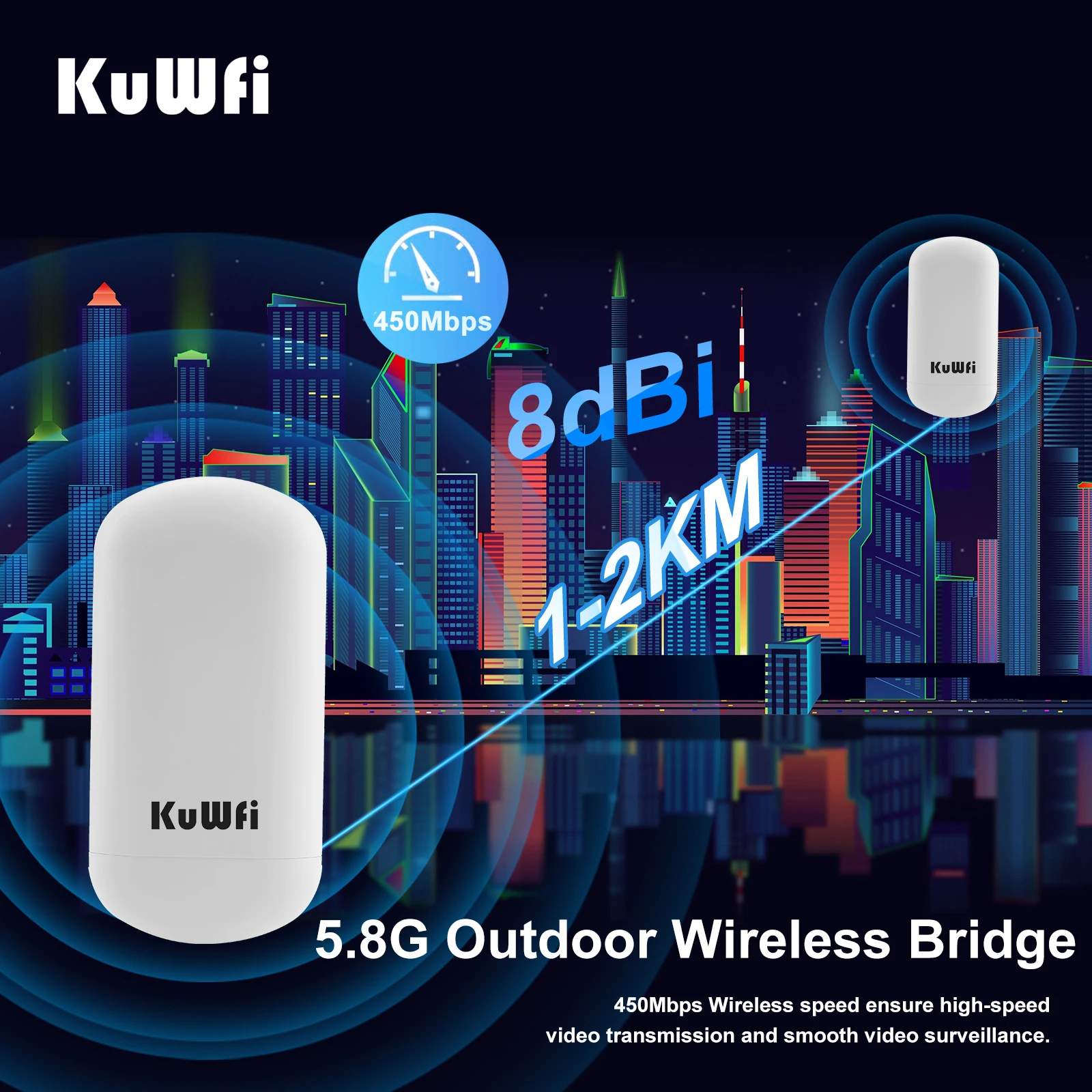 KuWFi 5.8G 450Mbps Wireless Bridge Outdoor Router CPE Point to Point 1-2KM Long Range Access With 8dbi Antenna 24V POE Adapter