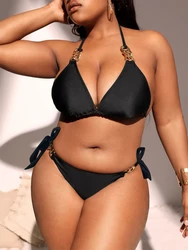 Maillot de bain deux pièces noir, sexy, grande taille, fendu, à lacets, taille basse, coutures métalliques, solide, col licou, ensemble bikini pour femmes