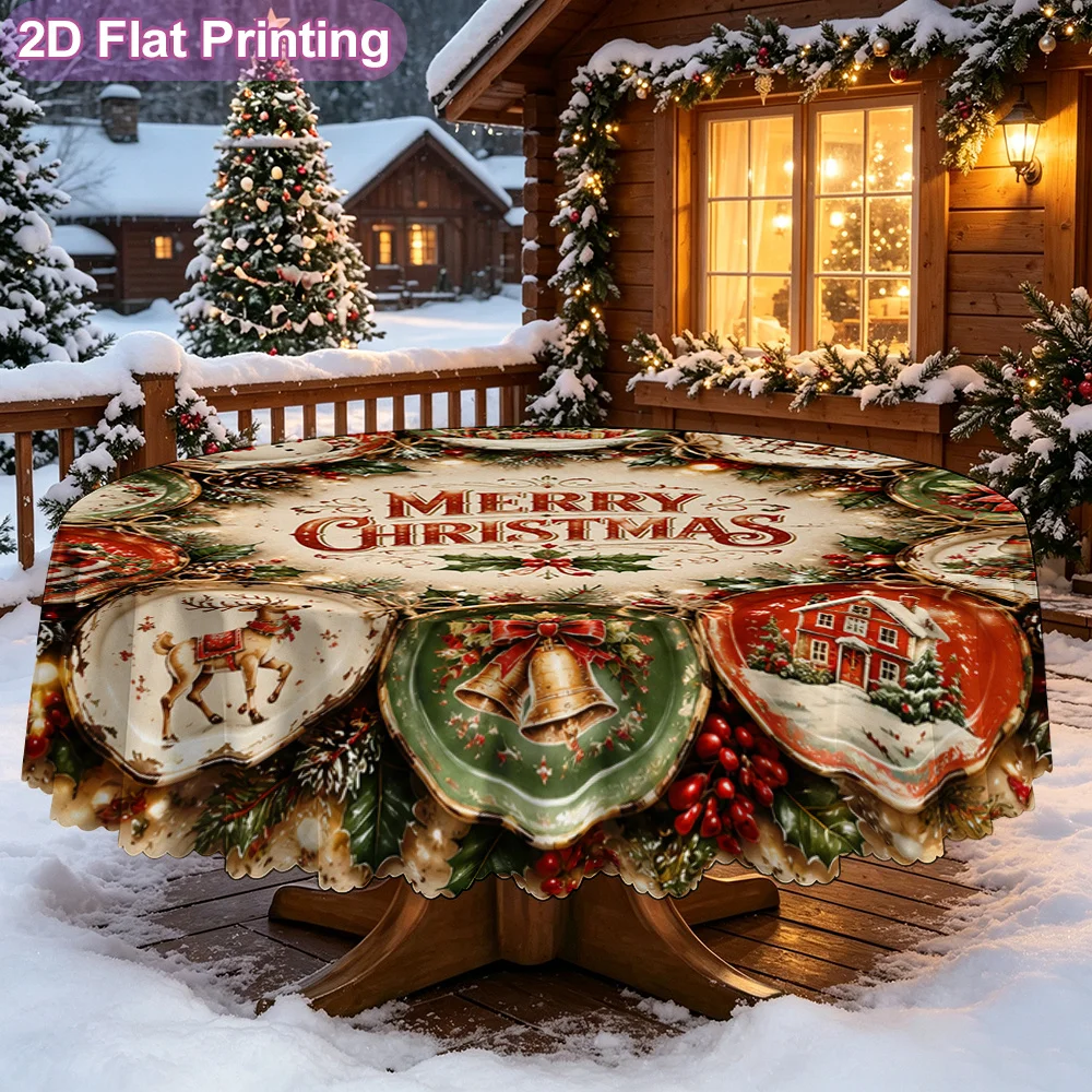 2D flat single-piece round tablecloth, Merry Christmas plate garland printed festive tablecloth,