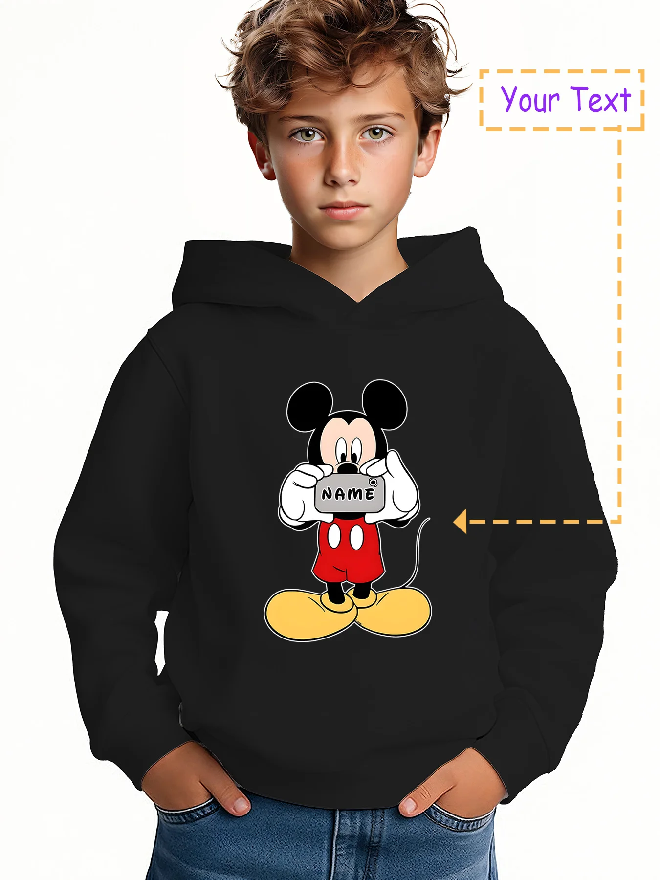 

MINISO Custom Mickey Mouse Photo Hoodie - Mickey Mouse holding a camera, with a customizable "NAME" button. Officially licensed