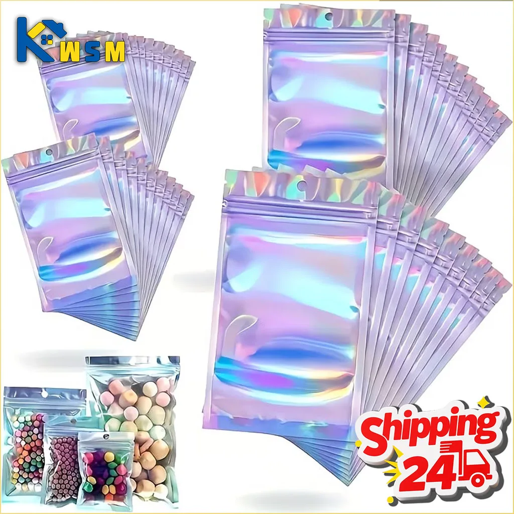 10–100 Stück modische, laserirideszierende Reißverschlusstaschen, wiederverwendbare, versiegelte Beutel für Schmuck und Partygeschenke, staubdichte Verpackung
