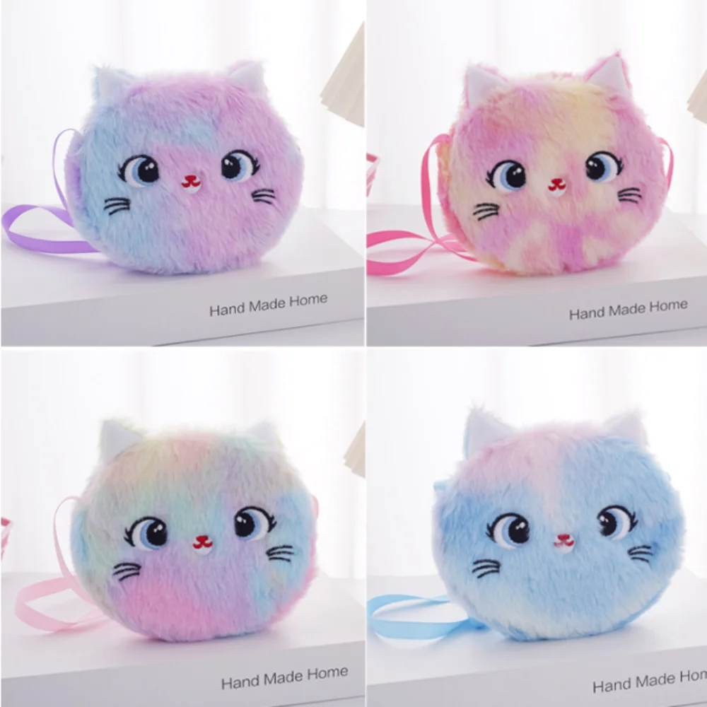 Cute Plush Shoulder Bag Cartoon Cat Rainbow Color Handbags Soft Kids Crossbody Bag Children's Gift