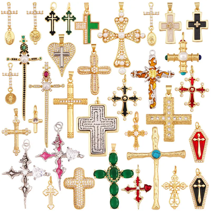 Religious Cross Charm Pendant,Real 18K Gold Plated Inlaid Colorful Zircon,DIY Jewelry Accessories Necklace Bracelet Supply M42