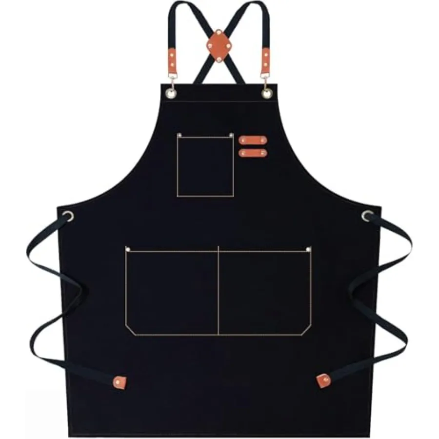 

Chef Aprons for Women Men with Oversized Pockets 12-Ounce Cotton Canvas Cross Back Water Repellent Apron Black