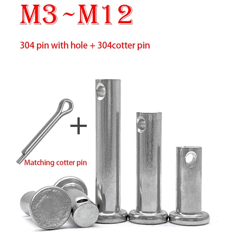 304 Stainless Steel Axis Pin Flat Head Cylindrical Pin With Hole Dowel M3 M4 M5 M6 M8~M12 Shaft Cotter Plug Pin Positioning Pins