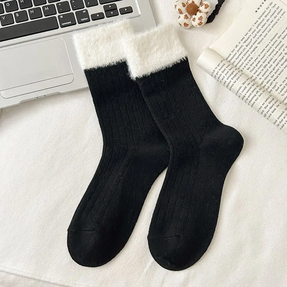 5Pairs Y2K Furry Lolita Socks Stripe Plush Edge Plush Fleece Socks Thicken Japanese Style Mid-Calf Tube Sock Spicy Girls