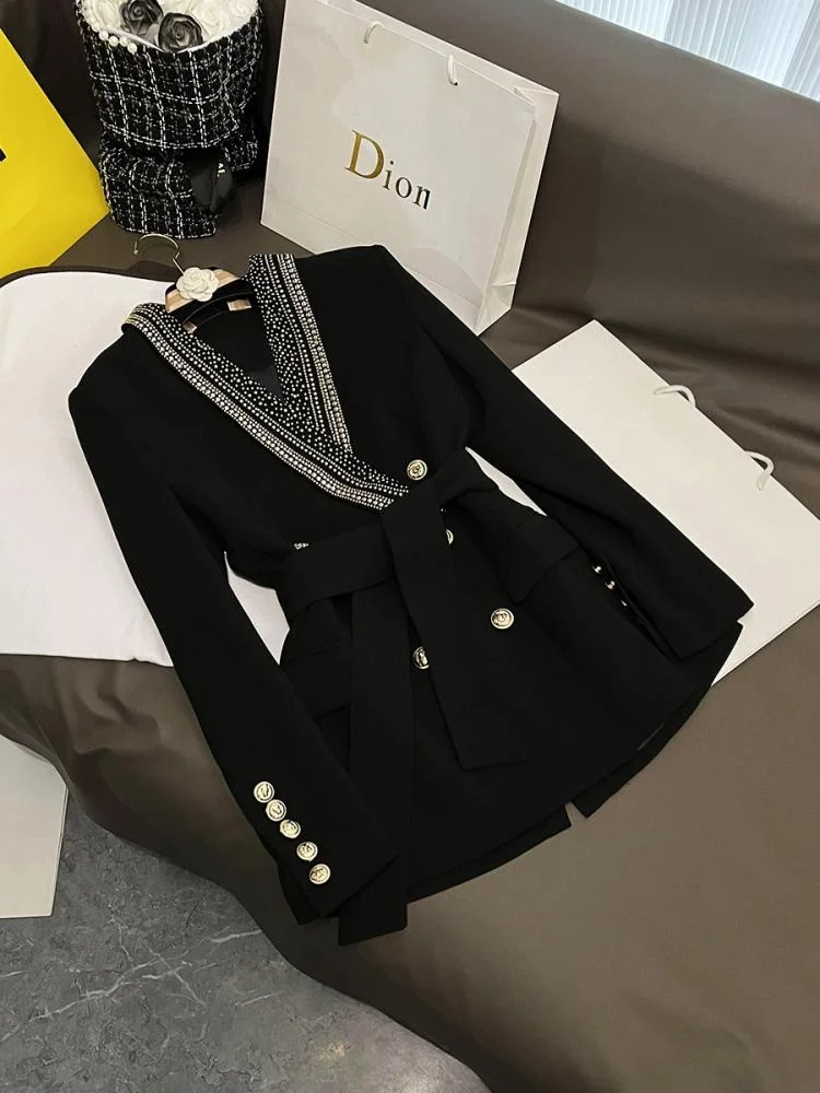 

Casual ort Women's Suit Outerwear Bla ape A6442 Commute Sle Button ket Long Sve Double Breasted Pure Color