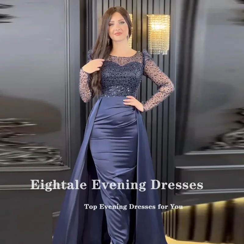 Eightale Luxury Evening Dresses 2023 O-Neck Long Sleeves Satin Sparkly Sequined Mermaid Prom Gowns Robe De Soirée