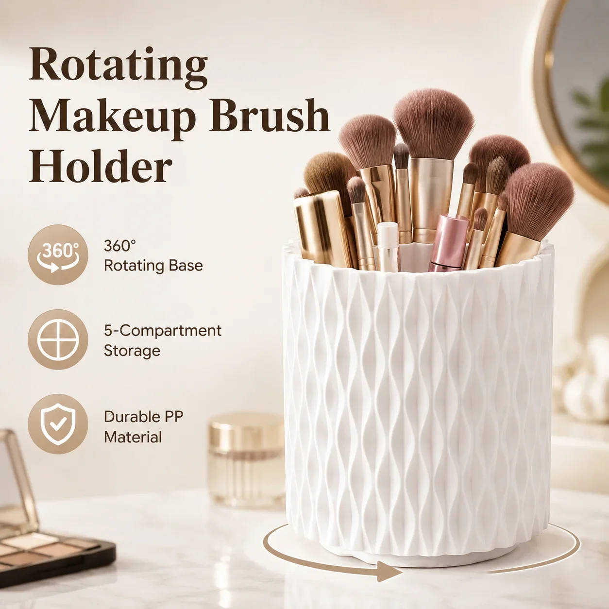 Rotating Makeup Brush Holder White Desk Organizer 360 Cosmetic Brush Storage Cup for Vanity Table and Bathroom