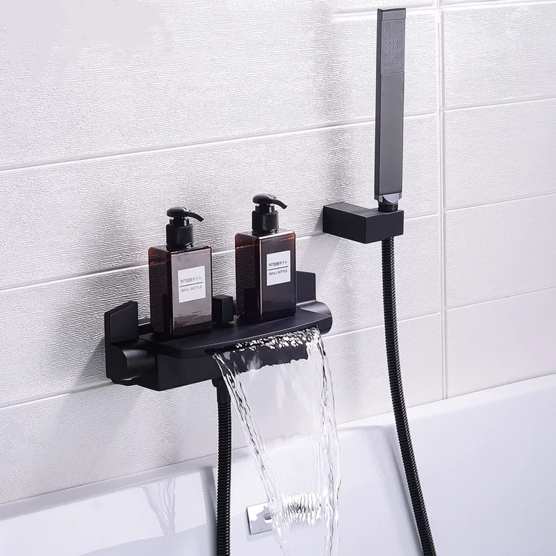 Copper waterfall type bathtub faucet black  edge  cold and hot shower  suit