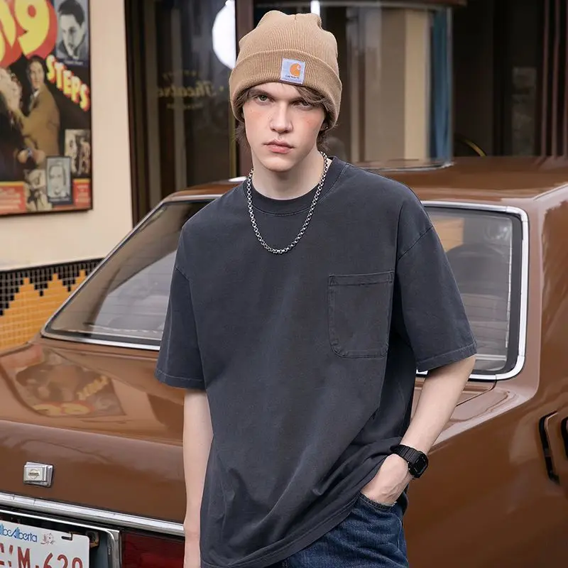 300g Mens 100% Heavy Cotton T-shirts Summer High Street Acid Washed Tee Hip Hop Casual Vintage Knitted Tops Plus Size Man Shirts