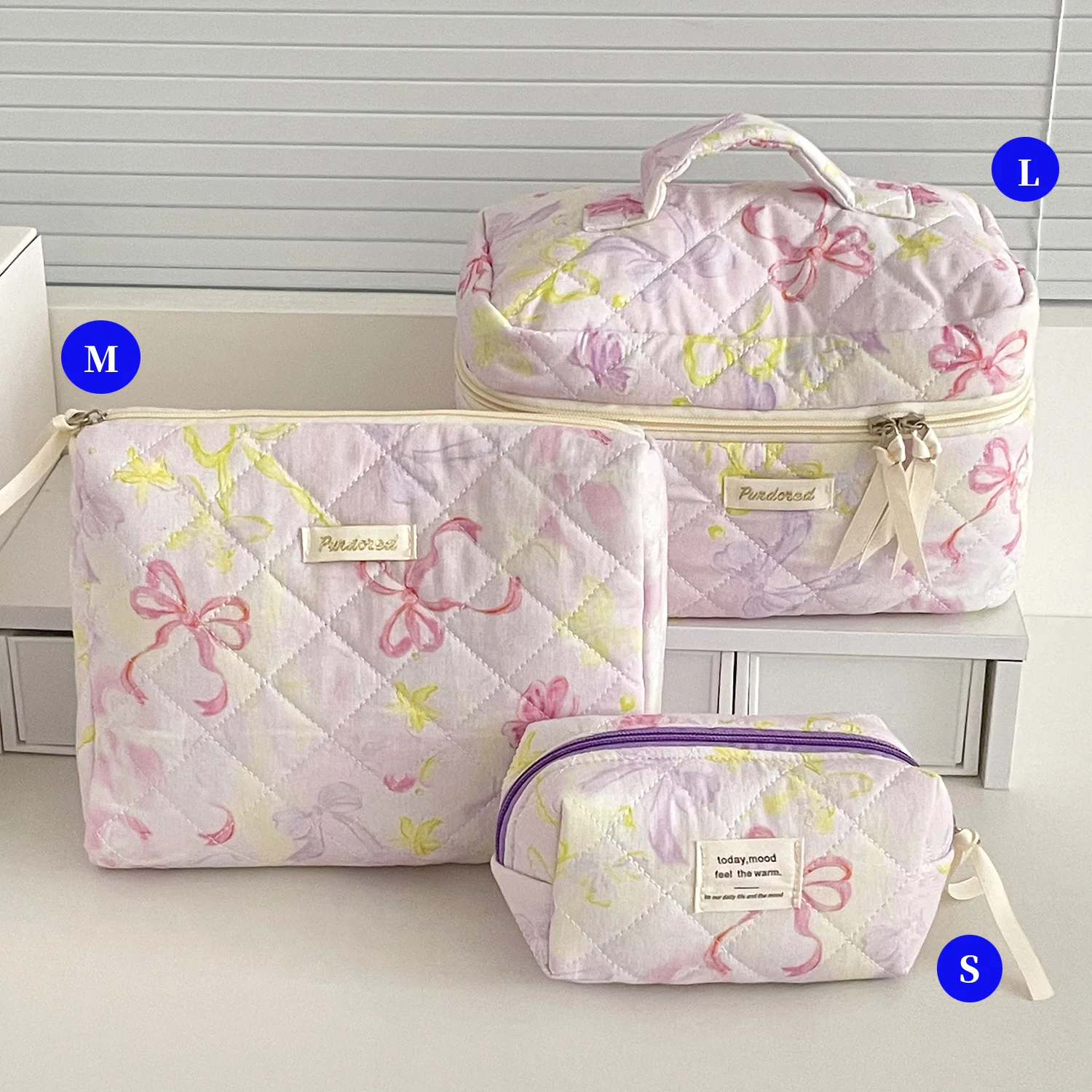 YT Ins Style Quilted Floral Cosmetic Bag Set Cotton Makeup Organizer Pouch Travel Toiletry Bags as Gift for Girls