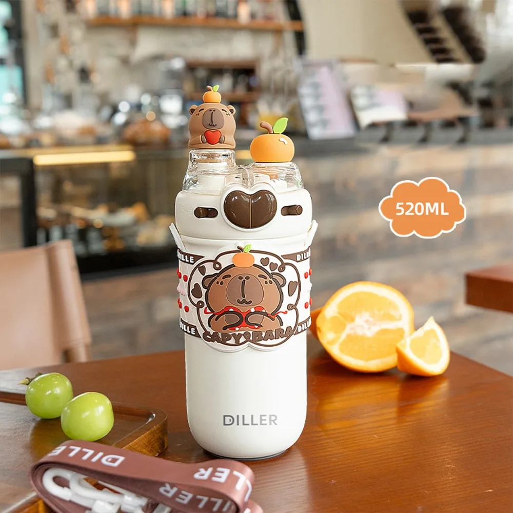 Large Capacity Stainless Steel Capybara Insulated Cup with Crossbody Capybara Thermos Vacuum Straw Cup Water bottle for Student