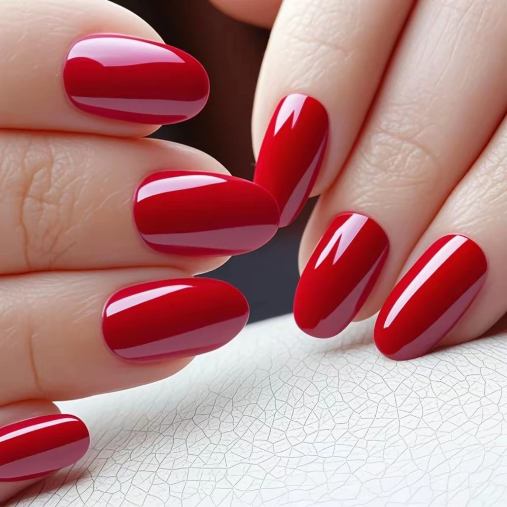 

48Pcs Cherry Red Short Fake Nails With Glue Acrylic Press On False Nails For Gluing Woman Finger Salon Tips Manicure Accessories