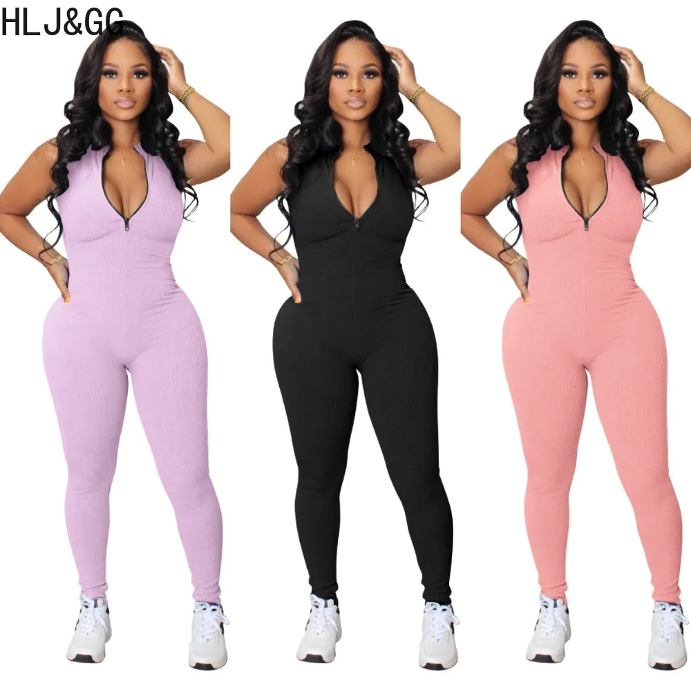 

HLJ&GG Casual Solid Color Ribber Zipper Bodycon Jumpsuits Women V Neck Sleeveless Sporty Playsuits Female Jogger Pants Overalls