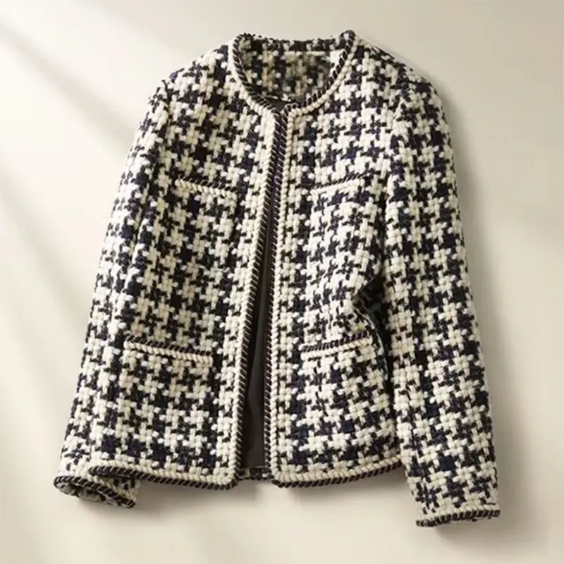 Beige Bright Silk Bright Line Decoration Plaid Vintage O-Neck Long Sleeve Women\'s Jacket Button Short Jackets Coat For Women