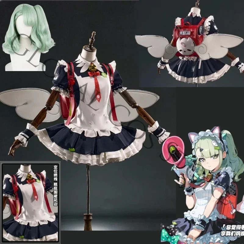 A;3\v,7'd/ZZZ Sunna Cosplay Maid Costume Ruffled Skirt Puff Sleeves and Backpack Props Wig Set Halloween Roleplay Game Zv;5'b\8/ - view 3