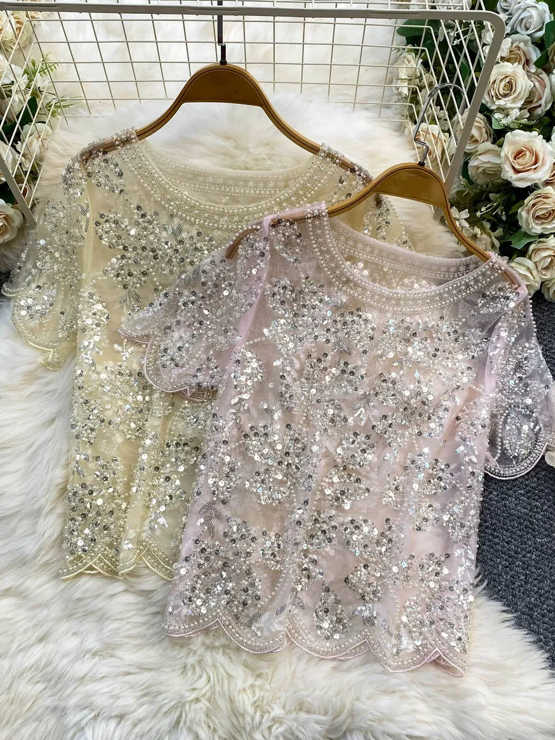 High Quality round Neck T-Shirt Women's New Style Slimming Age-Defying Mesh Top Glittering Beads Heavy Work Commute Style Summer